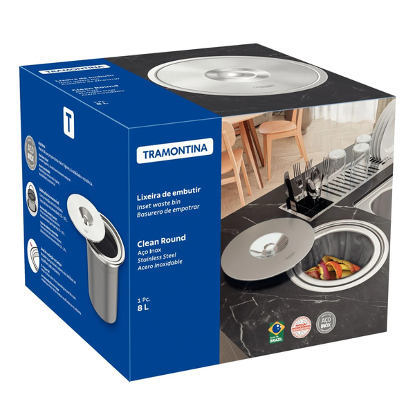 94518000 lixeira de embutir redondo com balde plastico 8l tramontina clean round embalagem