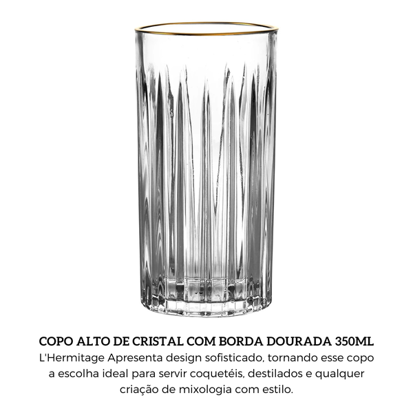 jogo de 6 copos altos em cristal ecologico com borda dourada 350ml a15cm lhermitage 2
