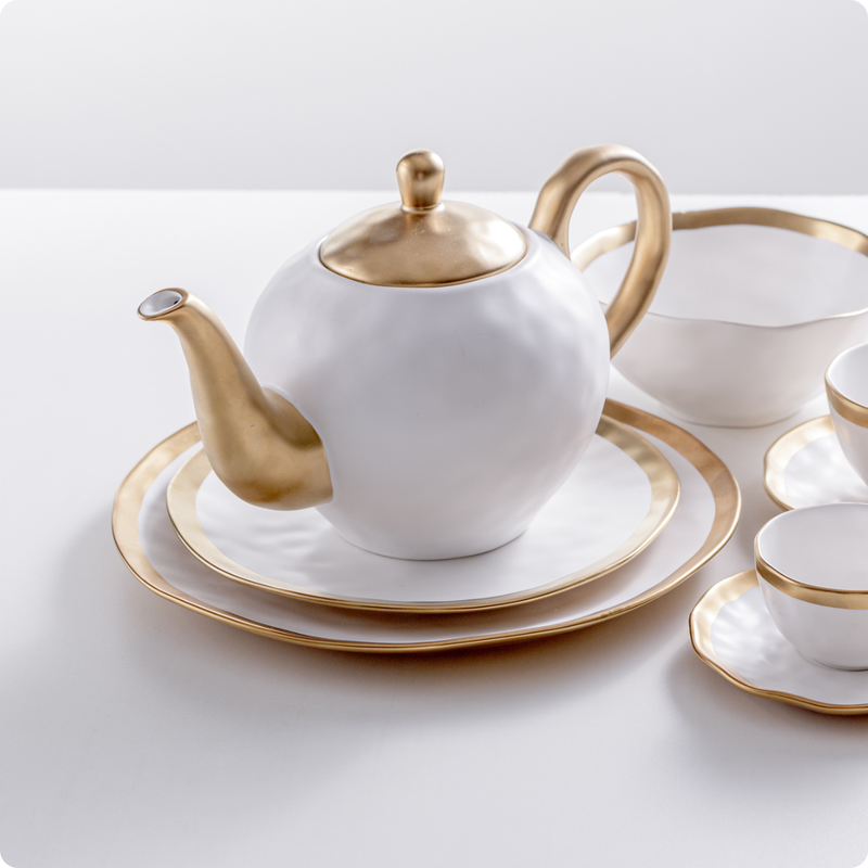 Bule de Chá Wolff Dubai Porcelana Branco e Dourado 1L | Loja Kaster