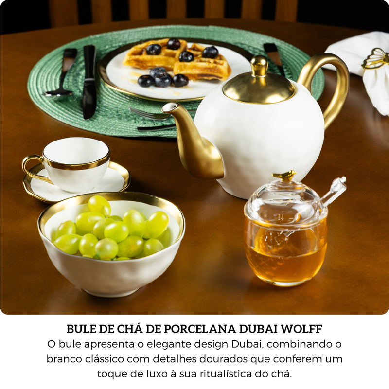 Bule de Chá Wolff Dubai Porcelana Branco e Dourado 1L | Loja Kaster