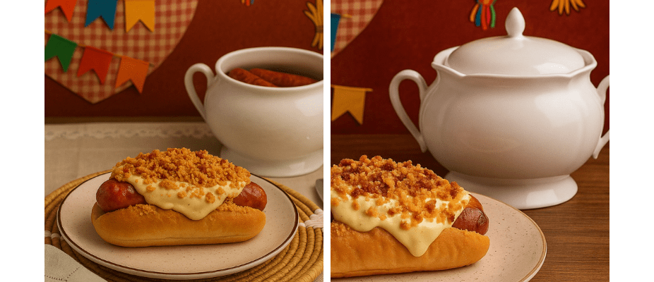 Cachorro-Quente Gourmet com Linguiça Artesanal, Molho de Queijo e Farofa Crocante de Bacon