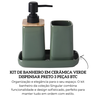 cq0011 kit de banheiro em ceramica verde dispensar preto com detalhes em madeira 3 pecas btc descr