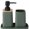 cq0011 kit de banheiro em ceramica verde dispensar preto com detalhes em madeira 3 pecas btc detalhes