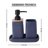 cq0012 kit de banheiro em ceramica azul dispensar preto com detalhes em madeira 3 pecas btc desenho