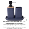 cq0012 kit de banheiro em ceramica azul dispensar preto com detalhes em madeira 3 pecas btc descr