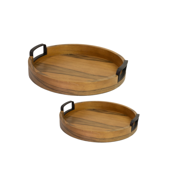 fm0307 conjunto de bandejas em madeira natural e metal preto 2 pecas btc
