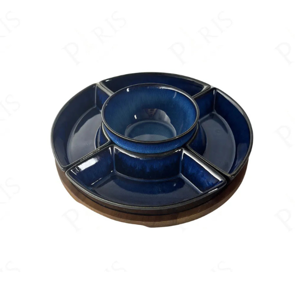 un0011 petisqueira em madeira com 5 bowls em ceramica azul btc