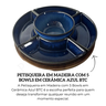 un0011 petisqueira em madeira com 5 bowls em ceramica azul btc descr