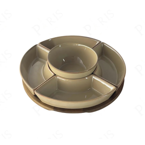 un0012 petisqueira em madeira com 5 bowls em ceramica bege btc