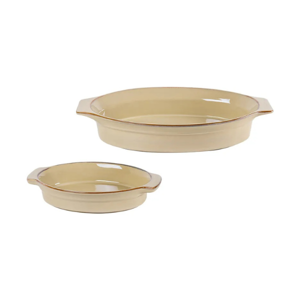 un0024 conjunto de 2 travessas em ceramica bege oval btc