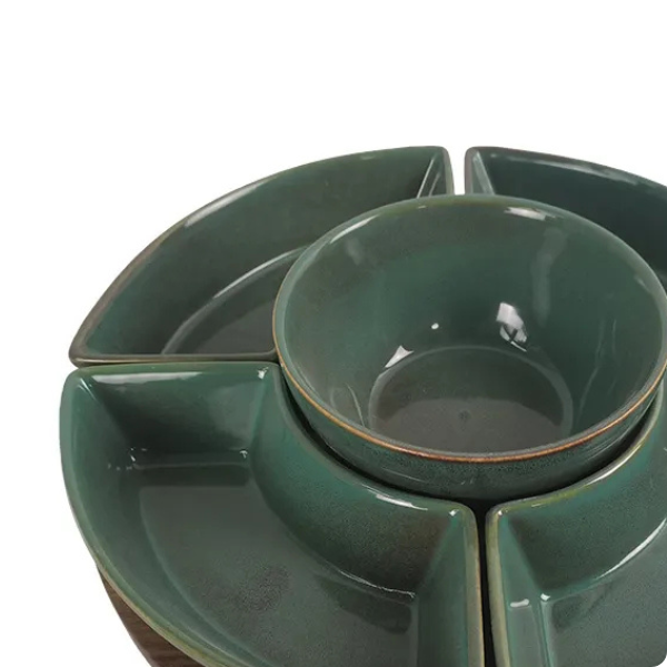 un0036 petisqueira em madeira com 5 bowls em ceramica verde btc detalhes