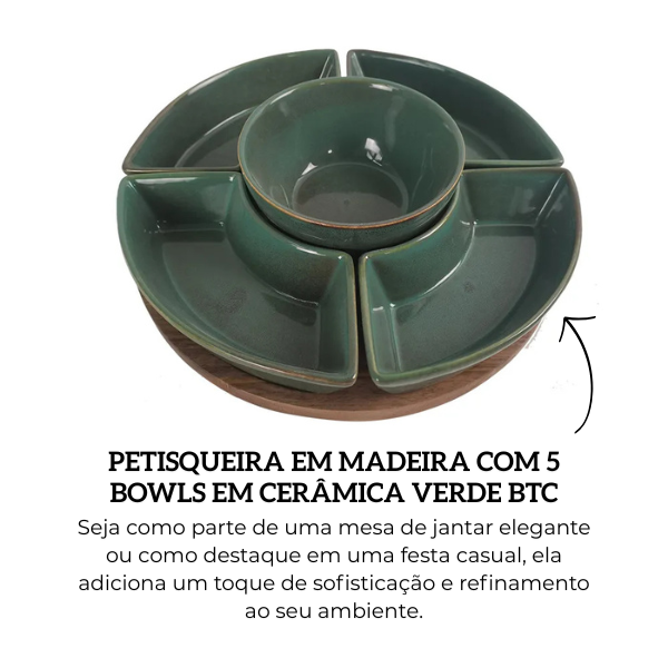 un0036 petisqueira em madeira com 5 bowls em ceramica verde btc descr