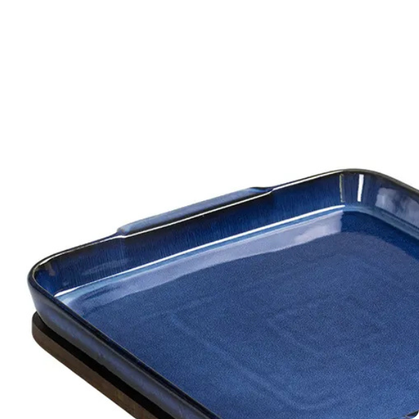 un0049 petisqueira em madeira com 1 travessa em ceramica azul btc detalhes