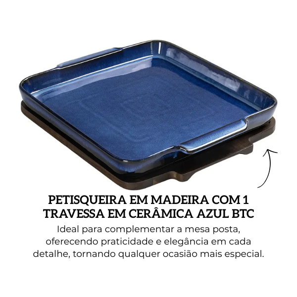 un0049 petisqueira em madeira com 1 travessa em ceramica azul btc descr