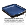 un0049 petisqueira em madeira com 1 travessa em ceramica azul btc descr