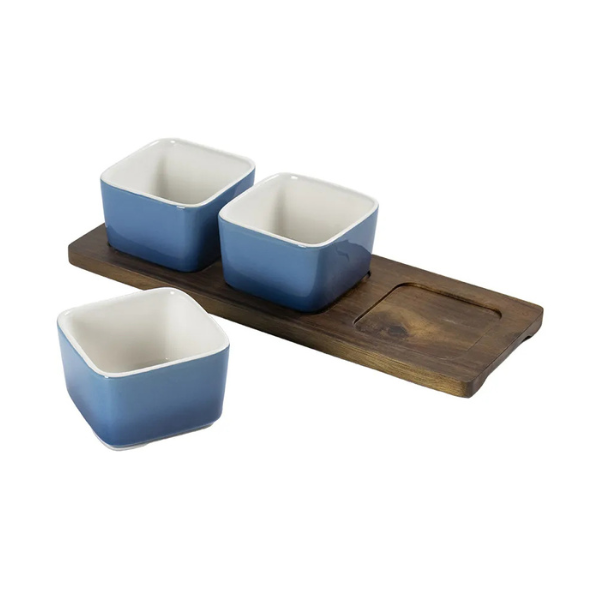 un0050 petisqueira em madeira com 3 bowls em ceramica azul degrade btc