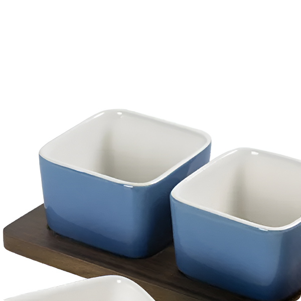 un0050 petisqueira em madeira com 3 bowls em ceramica azul degrade btc detalhes