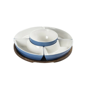 un0055 petisqueira em madeira com 5 bowls em ceramica azul degrade btc
