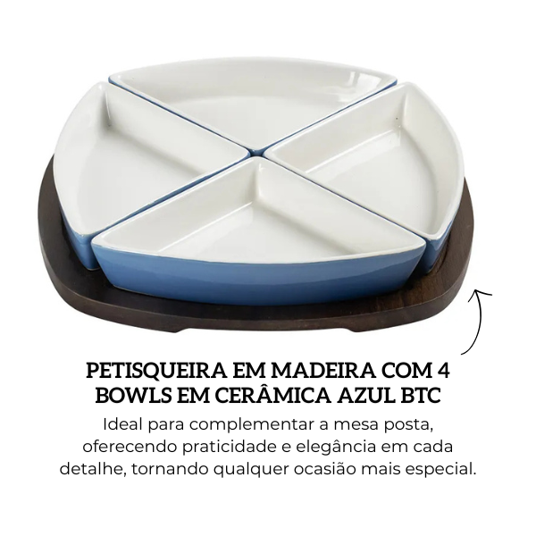 un0056 petisqueira em madeira com 4 bowls em ceramica azul degrade btc descr