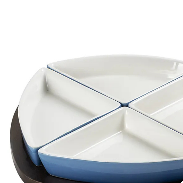 un0056 petisqueira em madeira com 4 bowls em ceramica azul degrade btc detalhes