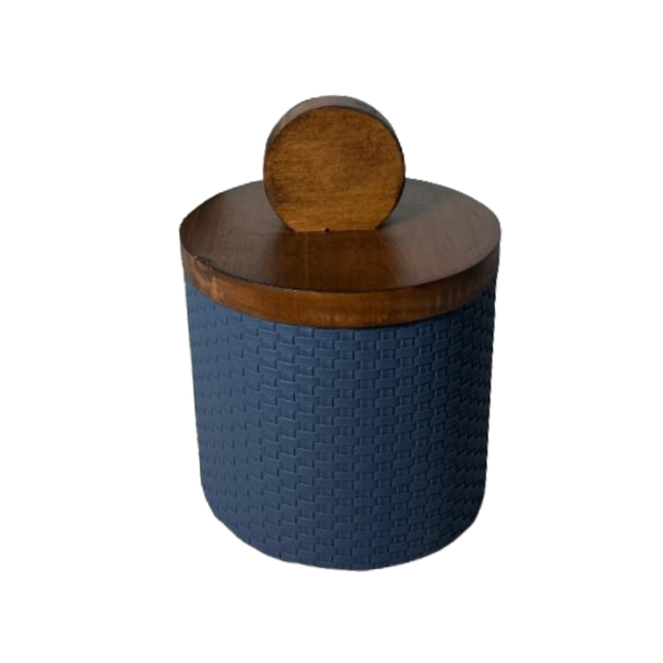 cj de potes decorativos em madeira e couro sintetico branco e azul 2 pcs fm0326