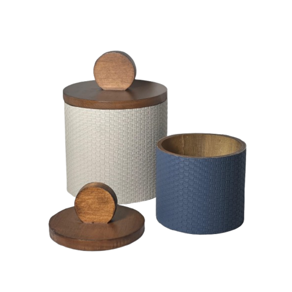 cj de potes decorativos em madeira e couro sintetico branco e azul 2 pcs fm0326 3