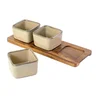 porta aperitivos de ceramica bege e base de madeira 3 pcs un0002