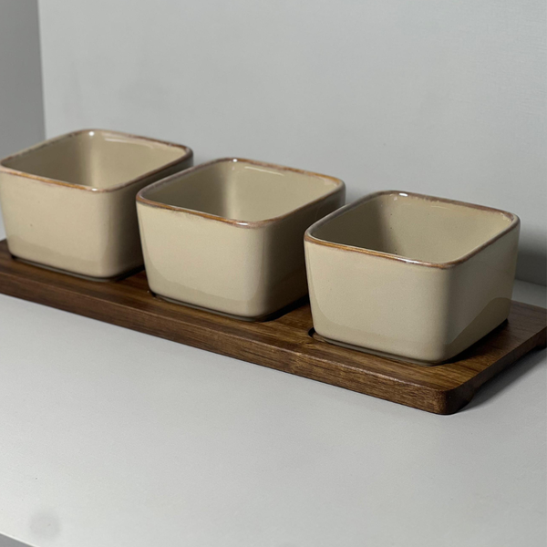 porta aperitivos de ceramica bege e base de madeira 3 pcs un0002 3