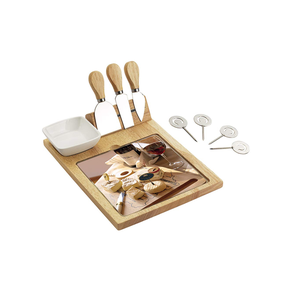 jogo de facas e tabua para queijo de madeira e vidro 10pcs yh0032