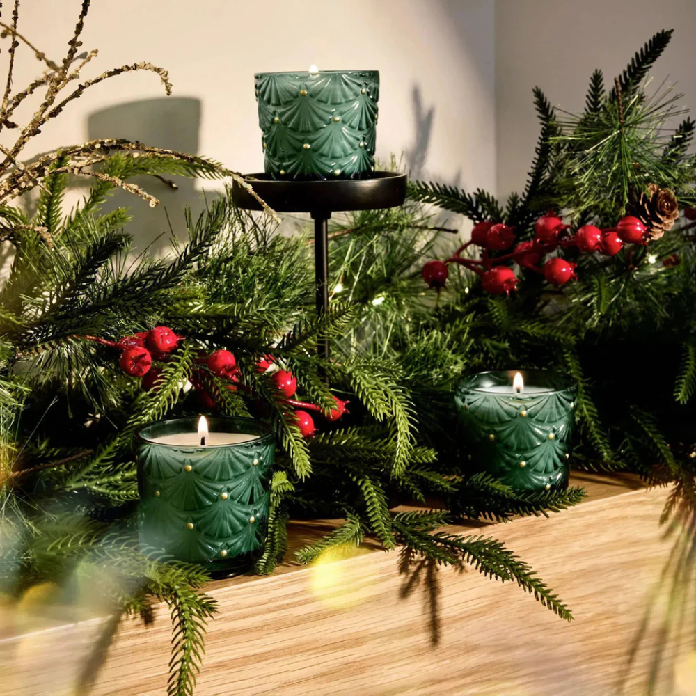 kit 3 mini velas copo vidro votive 25h noble fir garland 4 5592