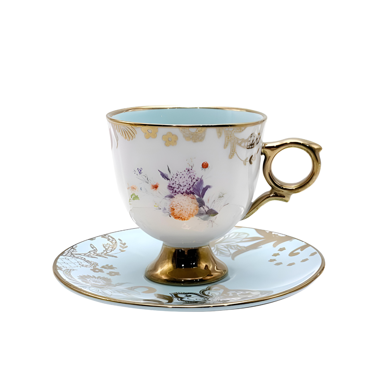 jogo de 8 pecas para cafe madeleine em new bone china com borda dourada 90ml azul 31539