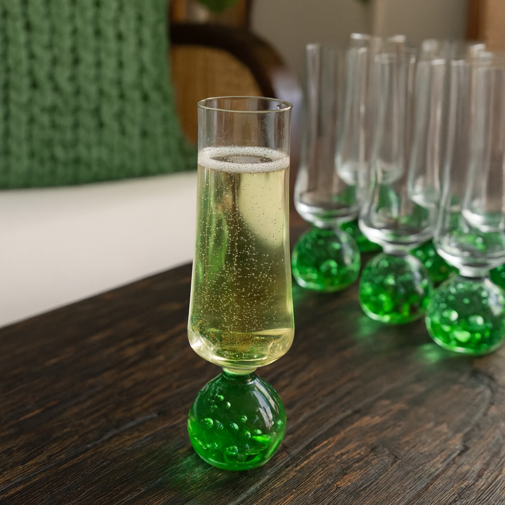 conjunto 6 tacas de champanhe vidro base esfera verde 240ml btc 2