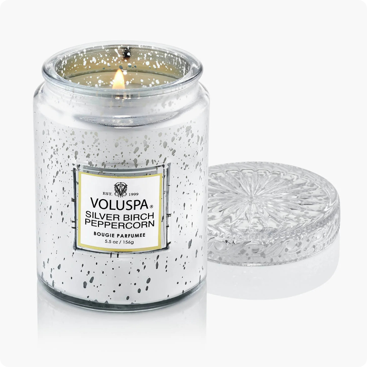 68718 mini vela em pote de vidro silver birch peppercorn 50h voluspa aberto