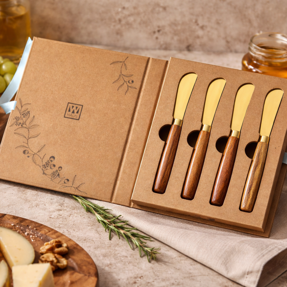 kit de espatulas cabo em madeira e aco inox dourado 4 pecas btc 2