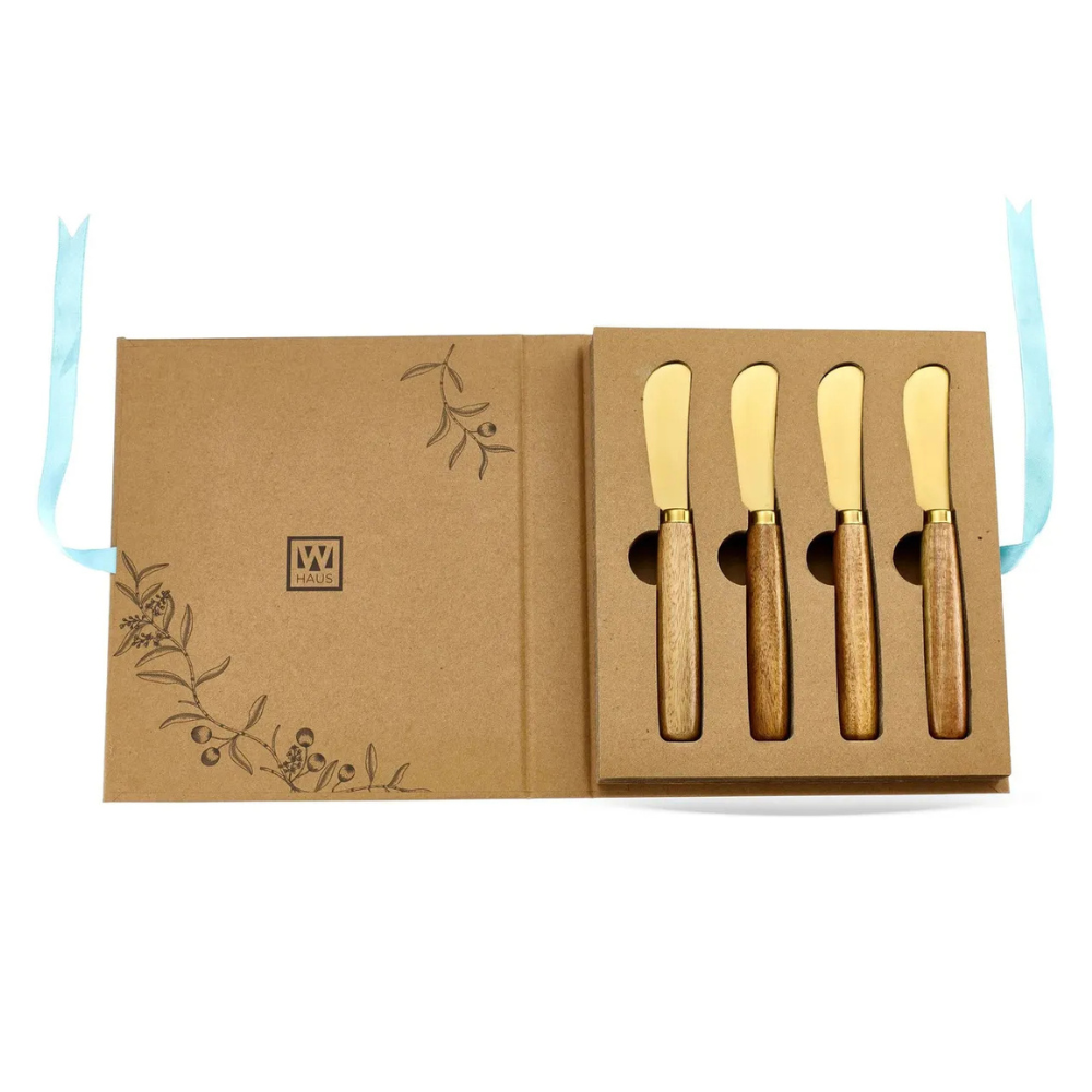 kit de espatulas cabo em madeira e aco inox dourado 4 pecas btc