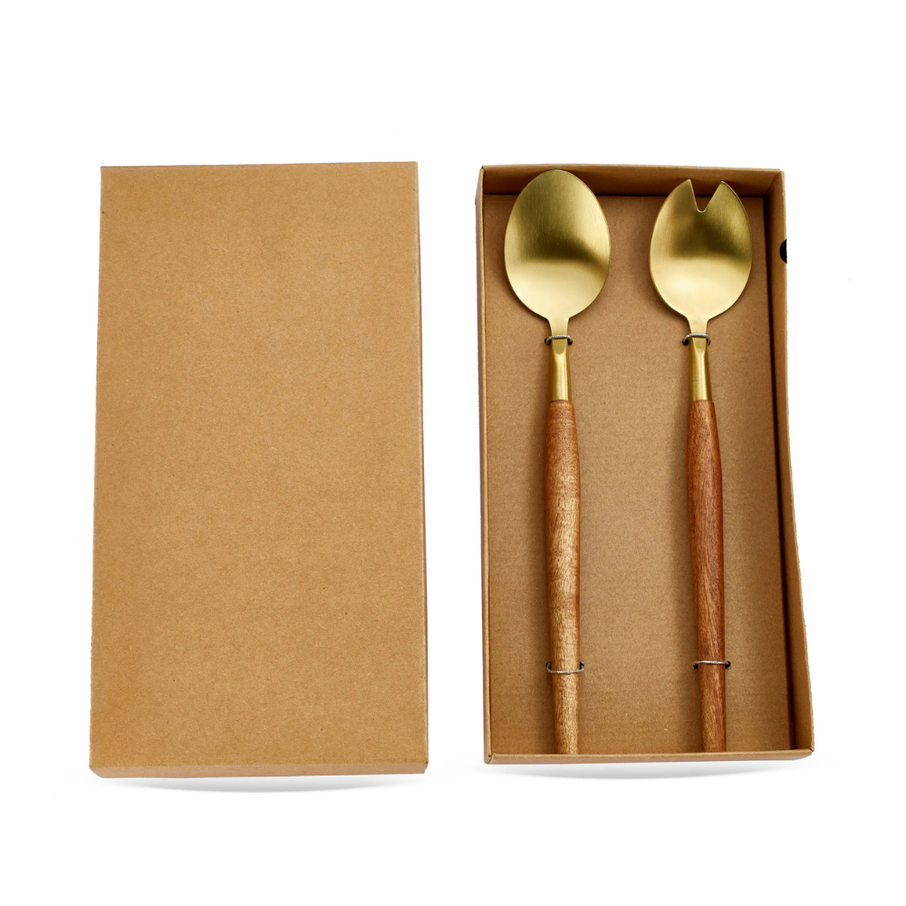 kit de talheres cabo em madeira e aco inox dourado 2 pecas btc