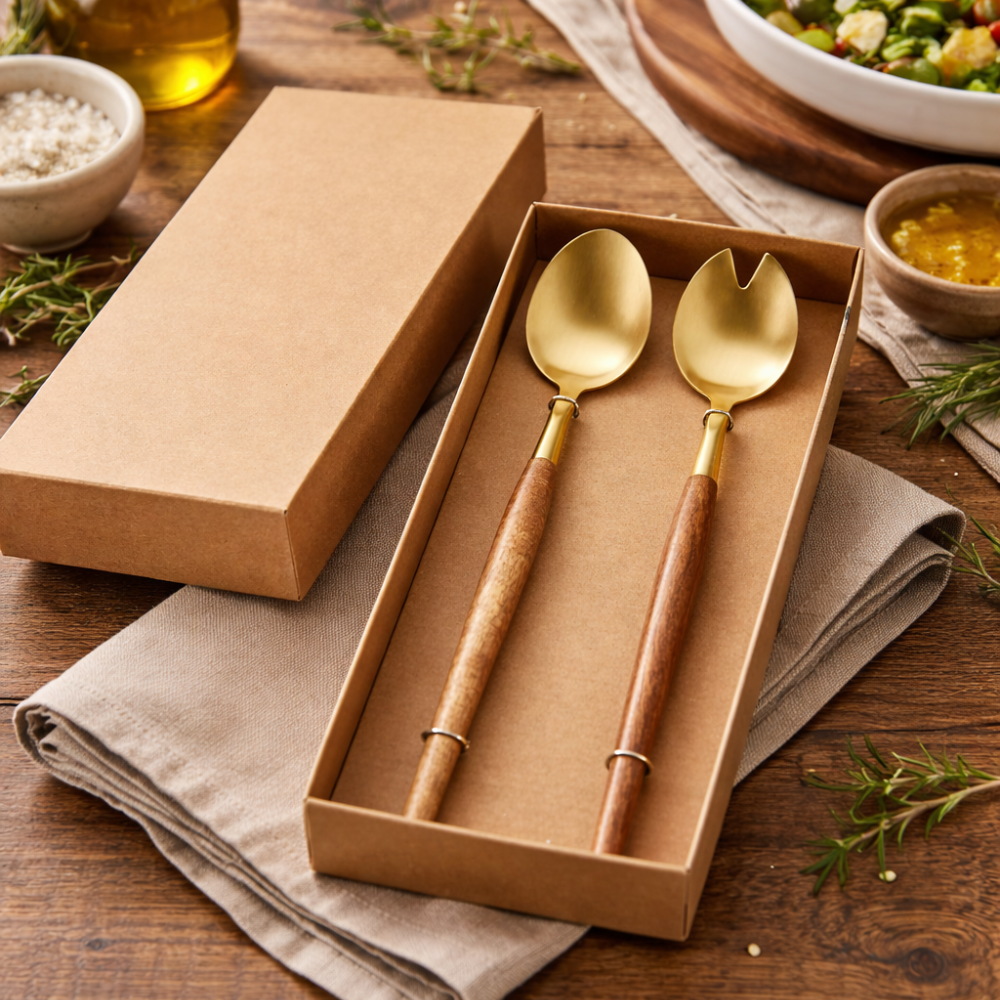 kit de talheres cabo em madeira e aco inox dourado 2 pecas btc 1
