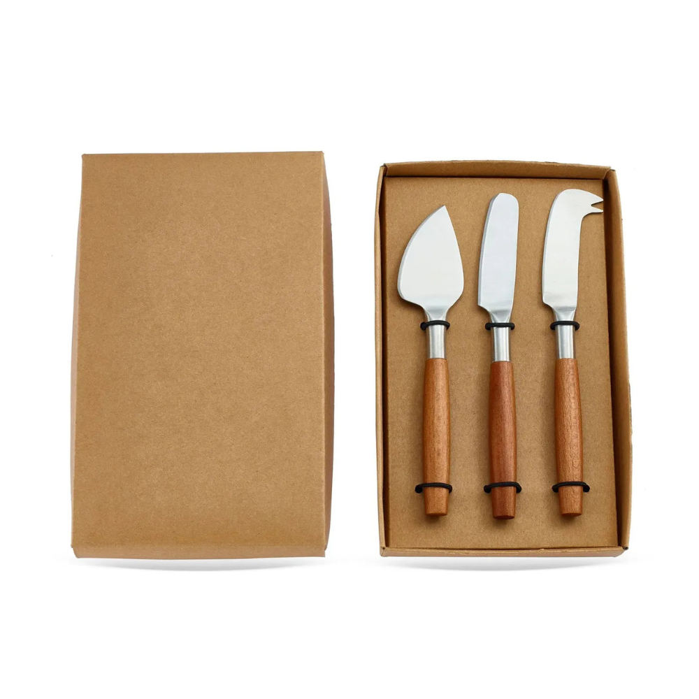 kit de espatulas para queijo cabo em madeira e aco inox prata 3 pecas btc