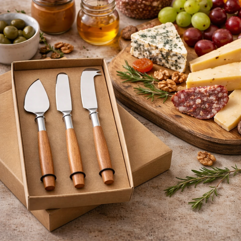 kit de espatulas para queijo cabo em madeira e aco inox prata 3 pecas btc 1