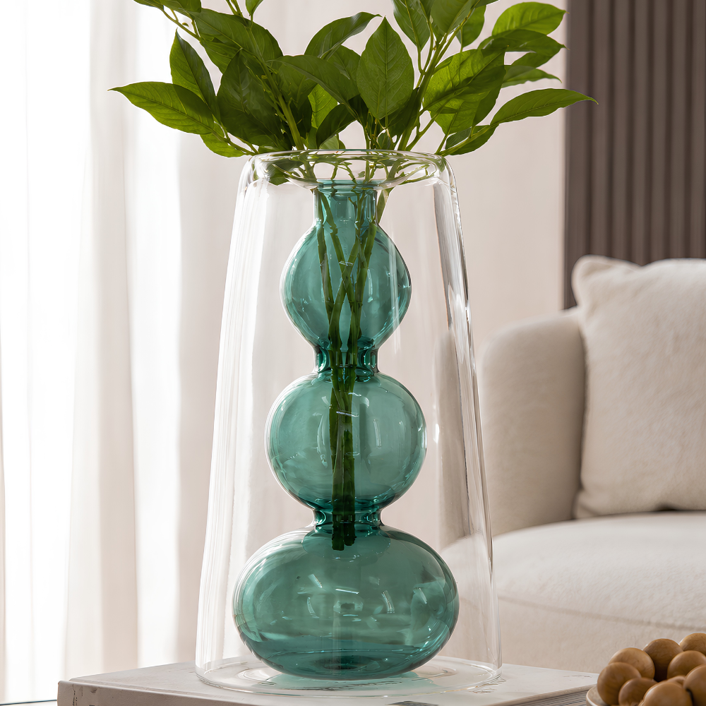 vaso de vidro duplo transparente e azul 17 5cm btc 3